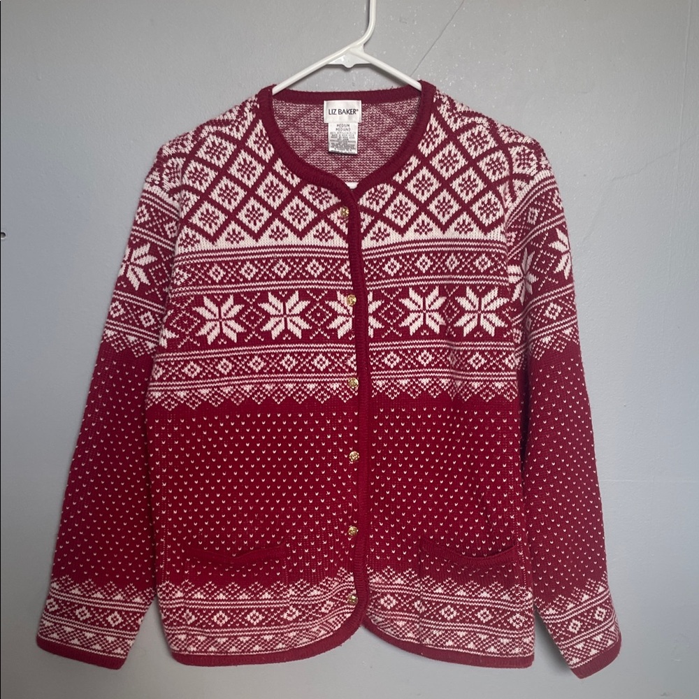Vintage Liz Baker M Acrylic Fair Isle Style Button Down Cardigan Sweater holiday